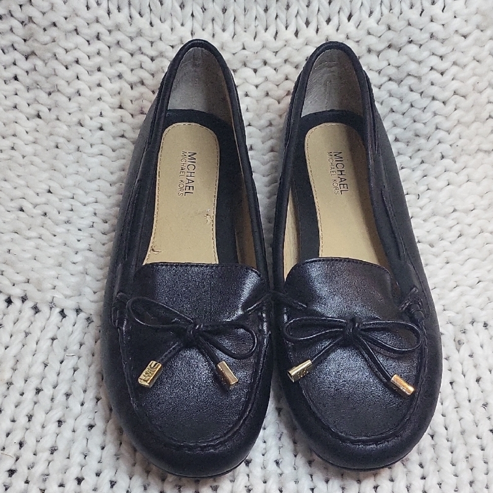 Michael Kors Black Leather Flats with Bow Detail